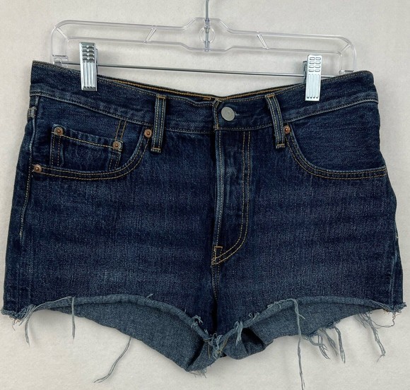 Levis 501 Womens Button-Fly Cut-Off Dark Denim Jean Shorts Size 28 Measured 30 - Picture 1 of 8